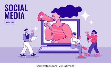 Girl holding megaphone at computer screen. woman shouting in loudspeaker influencer. internet advertisement concept. Social media. Vector illustration in flat style.