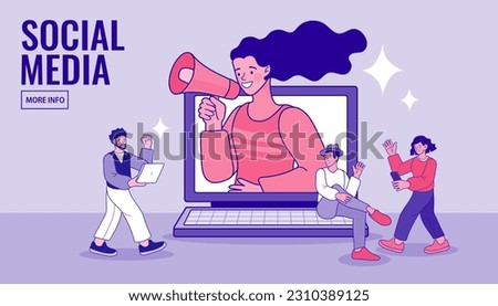 Girl holding megaphone at computer screen. woman shouting in loudspeaker influencer. internet advertisement concept. Social media. Vector illustration in flat style.