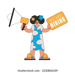 The girl is holding a megaphone in her hands. Recruitment and search of personnel.