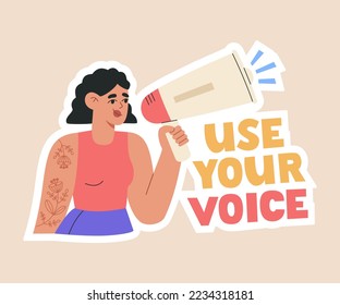 Girl holding megaphone and lettering Use your voice. Feminist sticker. Women right concept. Hand drawn vector illustration isolated on yellow background. Modern flat cartoon style.