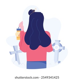 Girl holding memorial lamp, flat character illustration 
