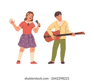 Girl holding microphone and singing, boy playing guitar. Vector isolated child cartoon characters in musicians roll. Music concert or practicing for festival, children professions and education