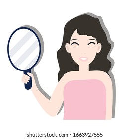 Girl holding the mirror in a hand. Creative idea design. Flat vector illustration for template. brochure or presentation.
