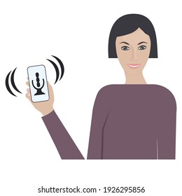 Girl holding a mobile phone with a microphone image for communication - isolated on white background - vector. Audio chat social network application. Club house
