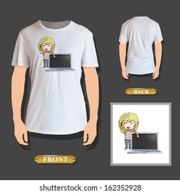 Girl holding a modern laptop printed on t-shirt. Vector design. 