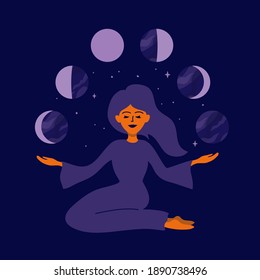 Girl holding moon phases in hands. Female nature, cyclicity, menstrual cycle. Womens health, life energy. Modern witch woman. Stars, crescent moon on night sky. Vector illustration for calendar, card