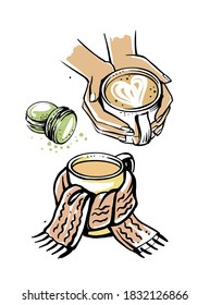 girl holding mug of coffee or tea in her hand