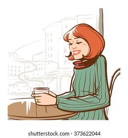 girl holding a mug of hot coffee, sitting in cafe, vector illustration