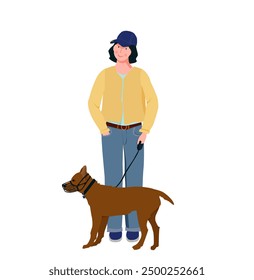 A girl is holding a muzzled dog on a leash.  Rules for walking animals. Training. Vector illustration.