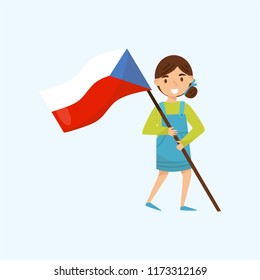 Girl holding national flag of Czech Republic, design element for Independence Day, Flag Day vector Illustration on a white background