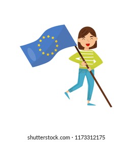 Girl holding national flag of European Union, design element for Independence Day, Flag Day vector Illustration on a white background