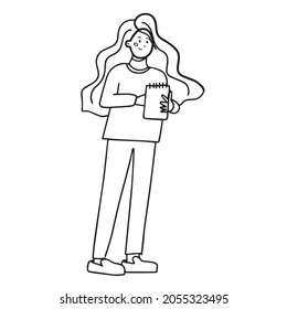 the girl is holding a notebook for notes. A girl drawn with a black outline