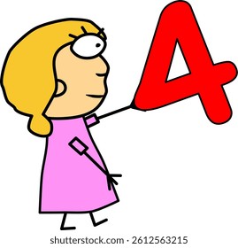 Girl holding number 4. Cartoon vector illustration. Background modern 