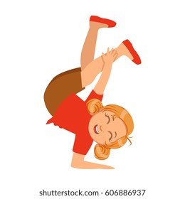 Girl Holding On One Hand Upside Down Dancing Breakdance Performing On Stage, School Showcase Participant With Musical Artistic Talent