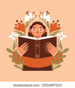 Niña sosteniendo un libro abierto en las manos y leyendo entre flores, plantas, hojas. Ilustración ingenua con mujer joven kawaii en anteojos. Personaje femenino de dibujos animados. Ocio, estilo de vida, hobby, educación.