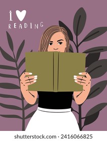 Girl is holding an open book in her hands. Young woman reading, knowledge concept of education woman illustration, study holding read vector