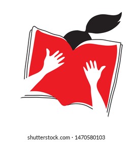 A girl holding an open book and reading. Vector concept illustration. Logo for books festival, library or other reading or literature event