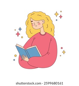Girl holding open paper book. Happy woman reads the book. Template for card, poster, flyer, banner. Isolated vector illustration