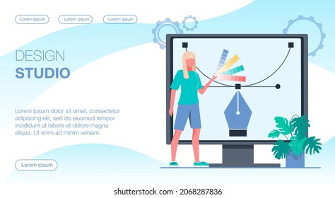 A girl holding a palette of colors in a design studio
