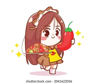 Girl holding papaya salad logo character cartoon art illustration