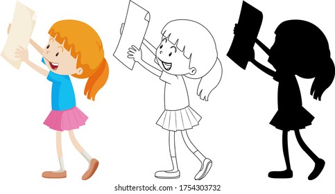 Girl holding paper with its outline and silhouette illustration