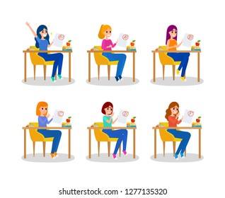 Girl Holding Paper Sheet With Grade On It Set. Girls Sitting At The Desk With Grades From A To F. Idea Of Education And Learning. Cheerful Female With Good Grade. Solated Flat Vector Illustration