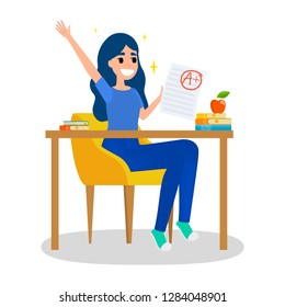 Girl Holding Paper Sheet With Grade On It. Girl Sitting At The Desk With Grade A. Idea Of Education And Learning. Cheerful Female With Good Grade. Isolated Flat Vector Illustration