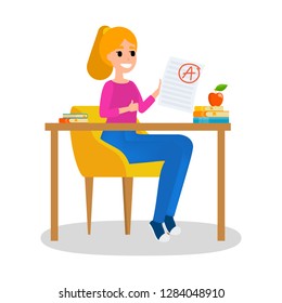 Girl holding paper sheet with grade on it. Girl sitting at the desk with grade A. Idea of education and learning. Cheerful female with good grade. Isolated flat vector illustration