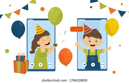 A girl holding a paper shoot Surprise the birthday boy with a smile in a video call via mobile phone in the new normal concept.A boy holding a balloon smiling at a video call .vector illustration.