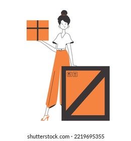 The girl is holding a parcel. The concept of the delivery of goods and parcels. Linear modern style. Isolated on white background. Vector illustration.