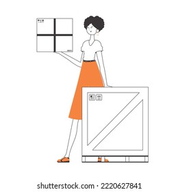 The girl is holding a parcel. The concept of the delivery of goods and parcels. Linear style. Isolated on white background. Vector illustration.