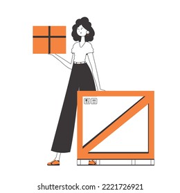 The girl is holding a parcel. The concept of the delivery of goods and parcels. Linear trendy style. Isolated on white background. Vector illustration.