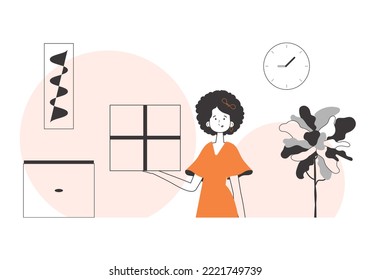 The girl is holding a parcel. The concept of the delivery of goods and parcels. Linear modern style.