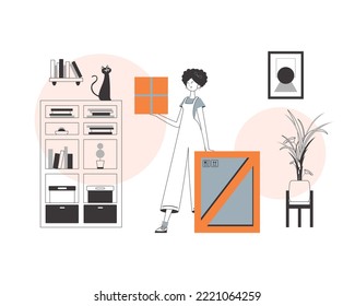 The girl is holding a parcel. Parcel delivery concept. Linear trendy style.