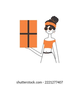 The girl is holding a parcel. Delivery concept. Linear style. Isolated on white background. Vector illustration.