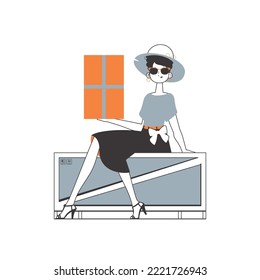 The girl is holding a parcel. Delivery concept. Linear trendy style. Isolated on white background. Vector illustration.