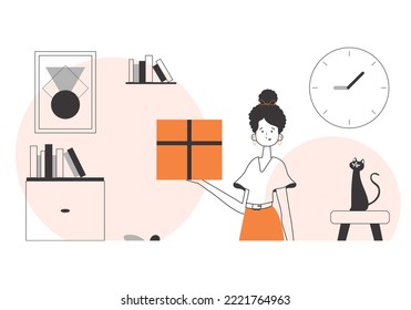 The girl is holding a parcel. Delivery concept. Linear modern style.