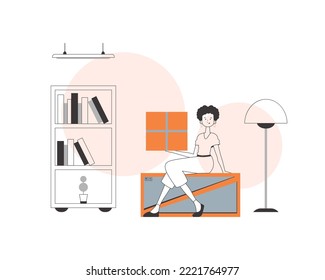 The girl is holding a parcel. Delivery concept. Linear style.