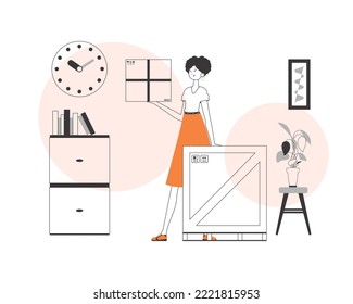 The girl is holding a parcel. Parcel delivery concept. Linear modern style.