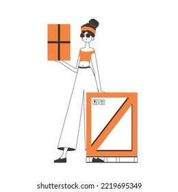 The girl is holding a parcel. Parcel Provider. Linear modern style. Isolated on white background. Vector illustration.