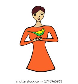 Girl holding parrot. Female character and exotic bird isolated on white background. Hand drawn vector illustration.