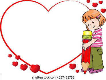 girl holding pencil with blank border