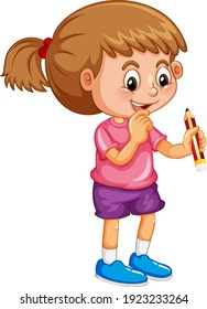 A girl holding a pencil cartoon character isolated on white background illustration