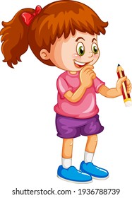 A girl holding a pencil cartoon character isolated on white background illustration