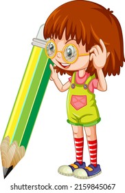 Girl holding pencil cartoon character on white background illustration