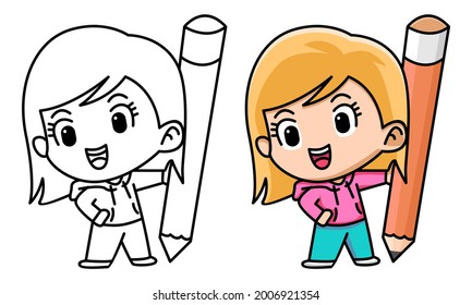 Girl Holding Pencil Coloring Page Kids Stock Vector (Royalty Free ...