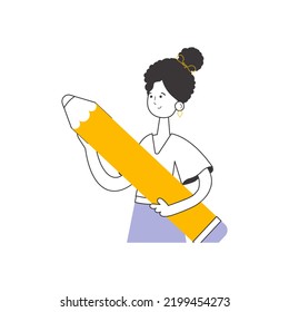 The girl is holding a pencil in her hands. Linear trendy style. Isolated on white background. Vector illustration.