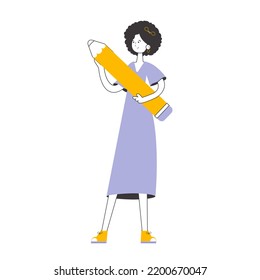 The girl is holding a pencil in her hands. Line art style. Isolated on white background. Vector illustration.