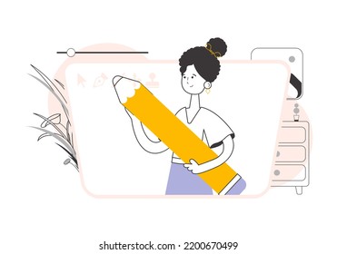 The girl is holding a pencil in her hands. Linear trendy style. Vector illustration.