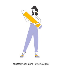 The girl is holding a pencil in her hands. Linear trendy style. Isolated on white background. Vector.